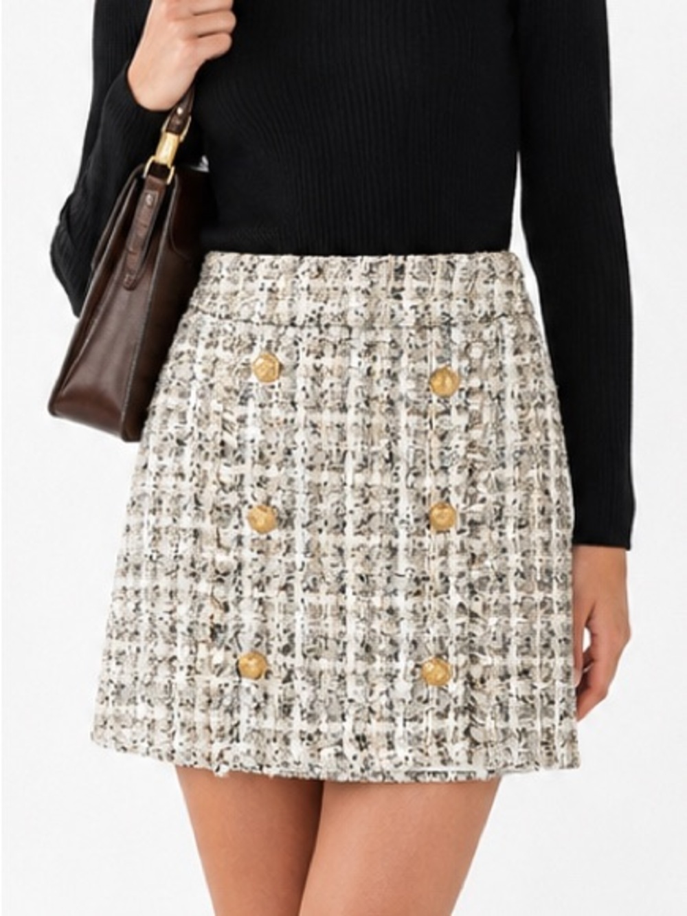 NWT DO+BE Anthro S cream Black Bouclé tweed Mini Skirt Gold Buttons academia